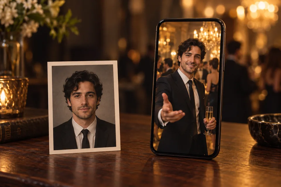 Burning Bridges AI — Illustrated image-to-video workflow with a printed photo and a phone preview